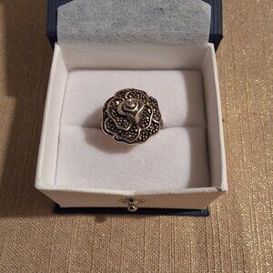 Vintage 925 Thailand‎ Silver Marcasite Ring Rose Design Sz 6